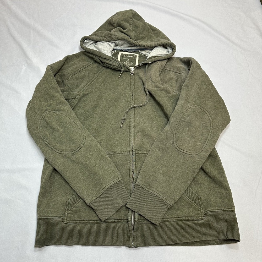 L.L. Bean Hoodie Mens Medium Green Elbow Patch Cotton Casual Outdoors